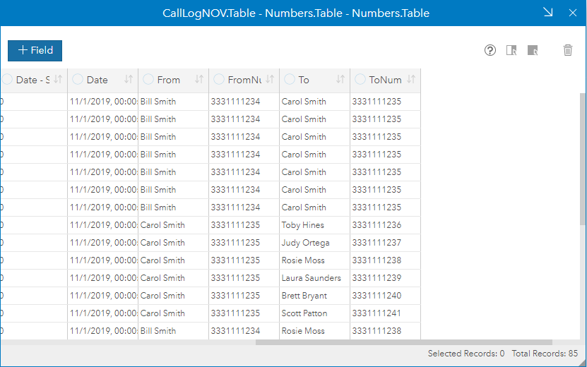 The result is a joined table of from and to numbers, with the associated phone owner names.