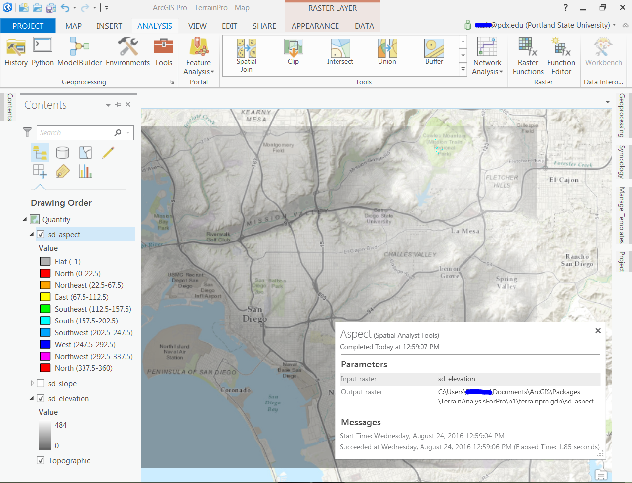 Screenshot of aspect generation success, layer with values added to the Contents but absent from the map display semi-transparent elevation raster over topo baselayer.