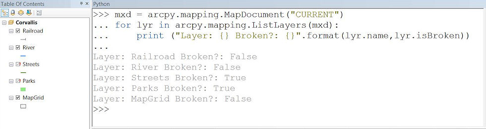 Python code snippet to find broken data sources in ArcMap