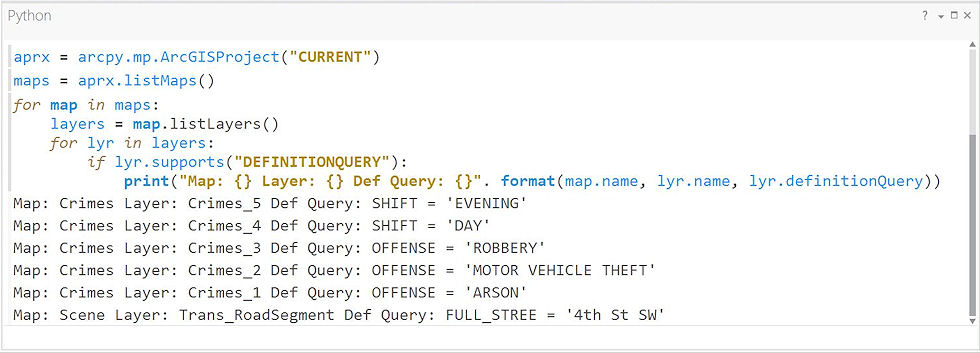 Python code snippet to display layer definition queries
