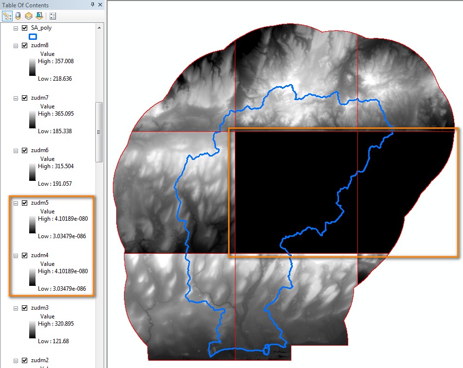Image showing DEM Tiles generated using the Split Raster command. Tiles highlighted in orange contain NODATA.