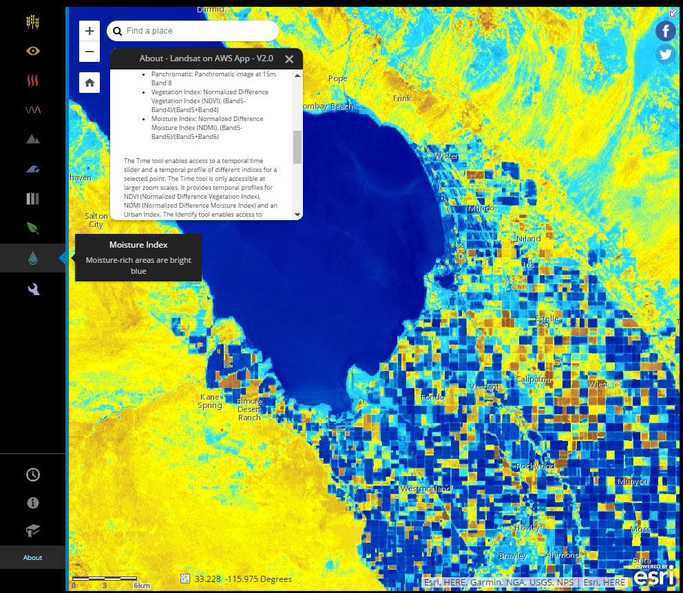 Landsat on AWS Amazon Web Services app showing moisture index near the Salton Sea
