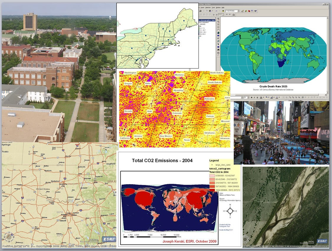Collage showing maps, images, and fieldwork with GIS. 