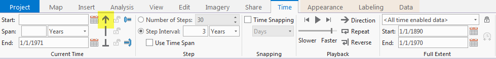 Time tab on ArcGIS Pro ribbon with current start time disabled