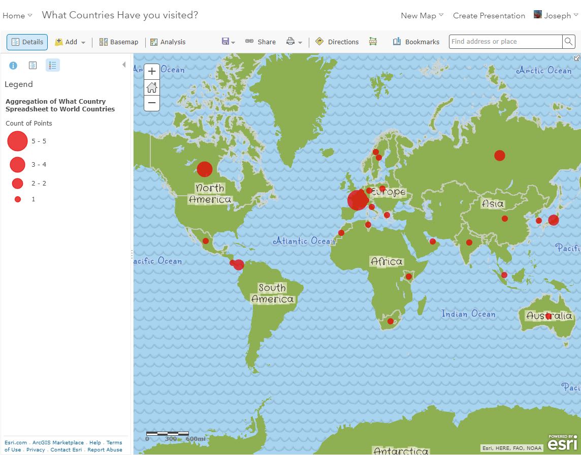 Map showing the frequency of countries visited by students from Google Form and Sheet
