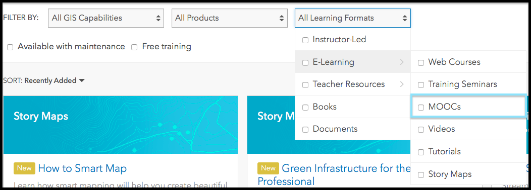 E-learning options menu from the Esri training page, including MOOCs.