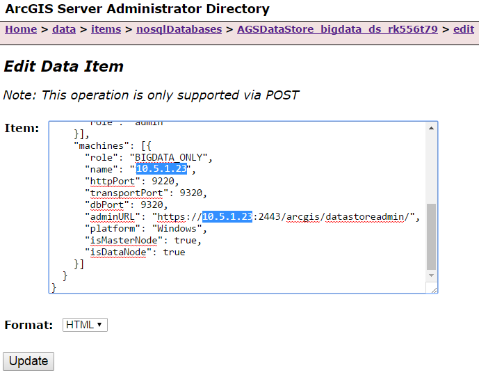 Updating hostname to internal IP of data store machine in the BDS JSON