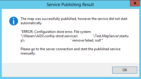 Error when publishing a new service. Service can be started manually.
