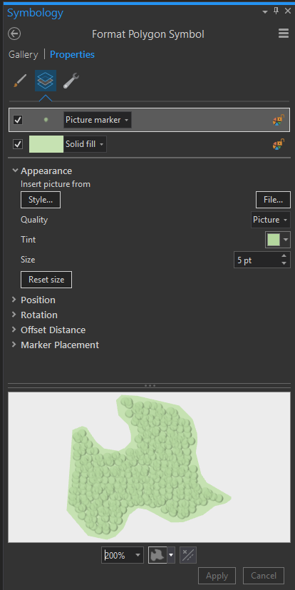 ArcGIS Pro symbology dialog for applying tint to image marker.