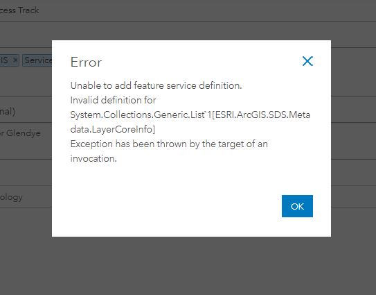 Error Unable to add feature service definition. Invalid definition for System.Collections.Generic.List`1[ESRI.ArcGIS.SDS.Metadata.LayerCoreInfo] Exception has been thrown by the target of an invocation