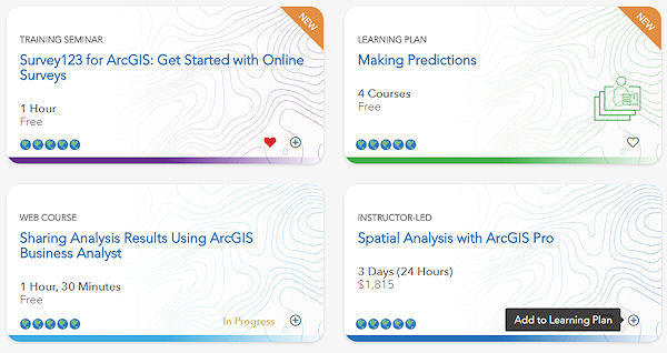 Esri Training catalog cards with Add to learning plan feature