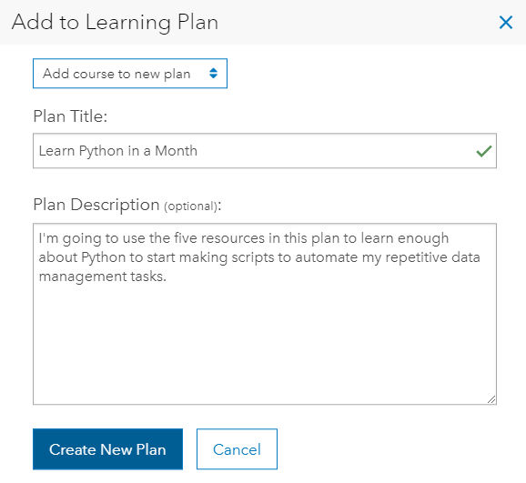 Add to Learning Plan dialog with plan title and description