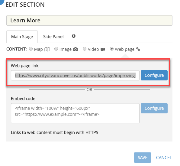 Screenshot of web link configuration for section 15 of storymap. Section 14 is configured similarly.
