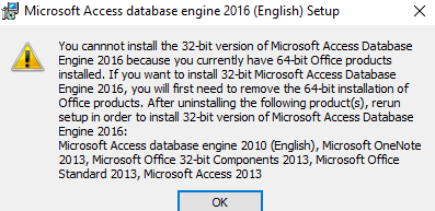 Access 2016 32-bit db engine installation error