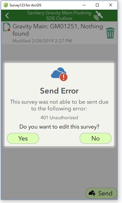 Survey123 error 401 unauthorized from submitting a survey