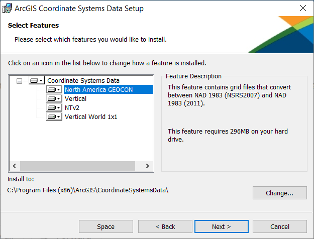 ArcGIS Desktop 10.7 Coordinate Systems install dialog
