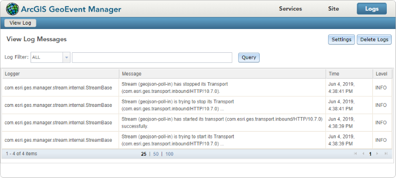 GeoEvent Manager Logging User Interface