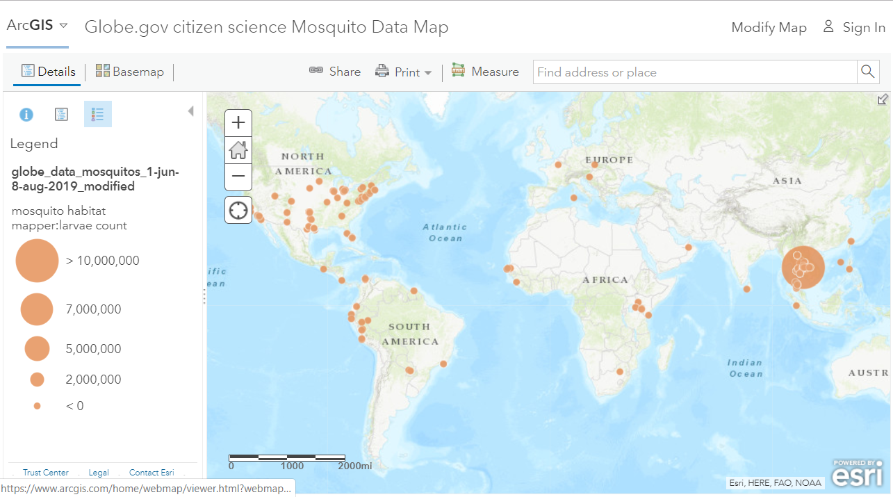 Map in ArcGIS Online of Globe Mosquito Data