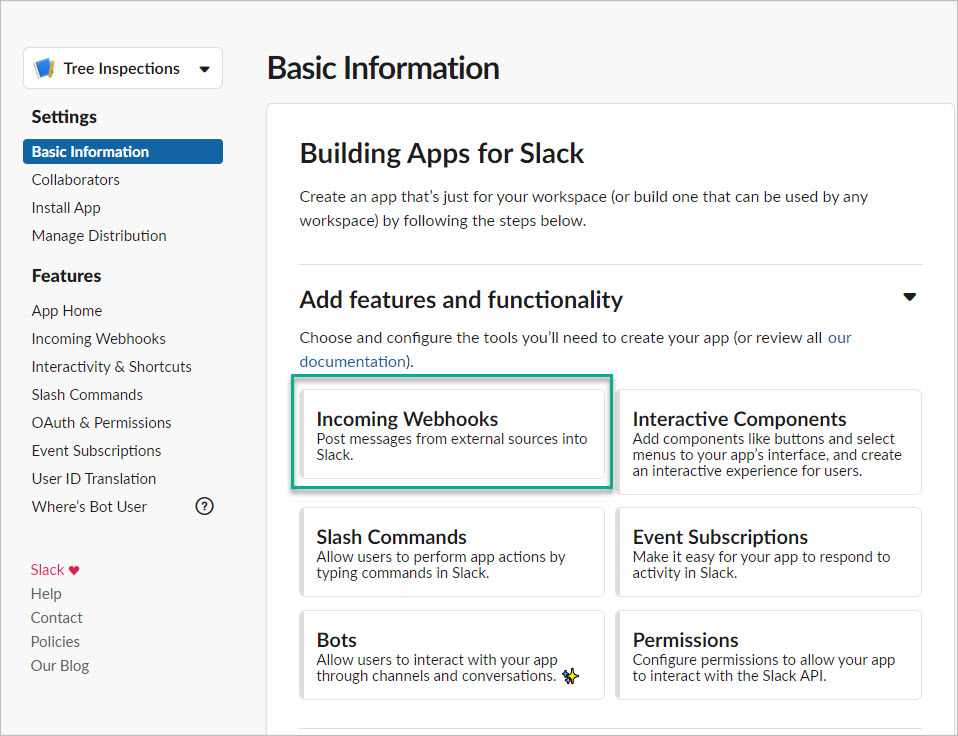 Basic Information page for Building Apps for Slack. 