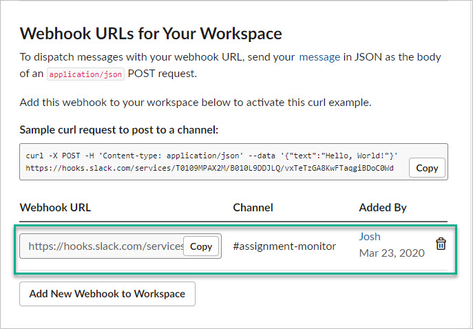 Incoming Webhooks page where the Webhook URL is located. 