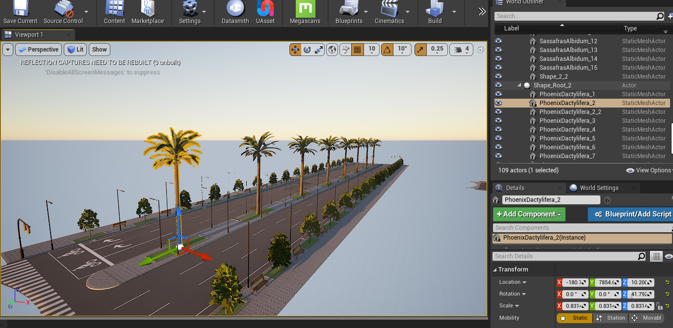 Palm tree only can be selected and has instance meshes with correct transform and rotation values
