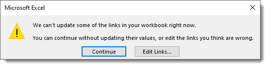 Warning message for links in Excel workbook