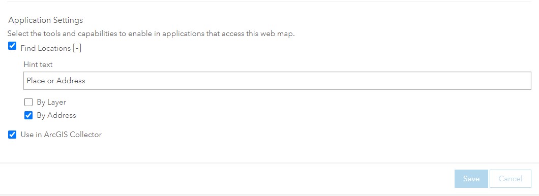 Application Settings inside webmap I made several months ago. Collector box is present.