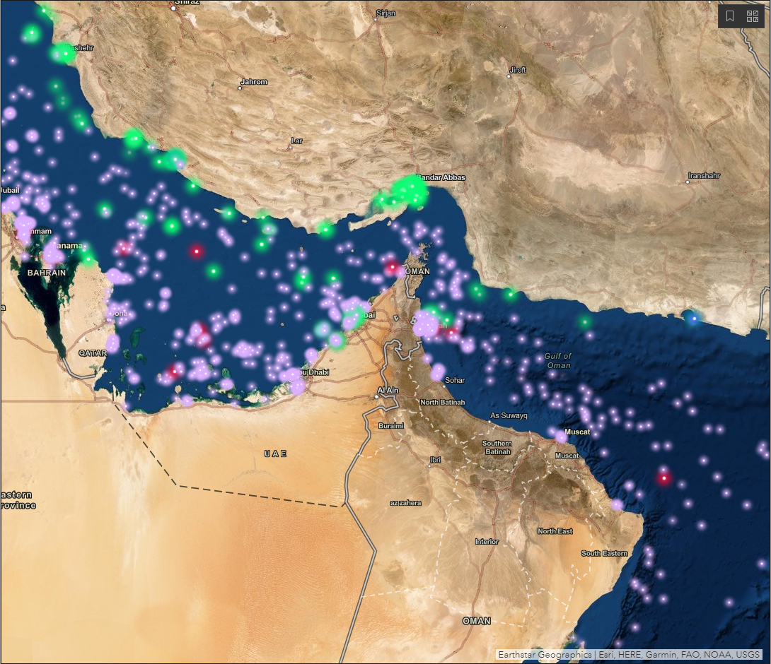 The Strait of Hormuz with dots representing ships scattered around.