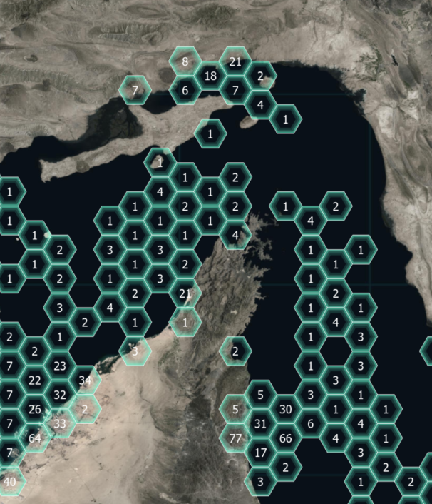 The Strait of Hormuz with hexbins representing counts of data holdings