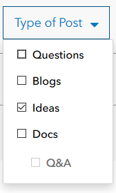 A screenshot showing the "Type of Post" filter which is available when searching GeoNet, the Esri Community. If the "Ideas" toggle is selected, your search results will only return ArcGIS Ideas content.